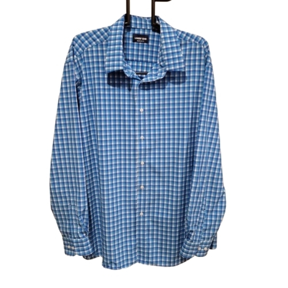 Lands' End Plaid Regular Fit Shirt Blue Teal White 18-18.5 34-351 - Picture 2 of 10